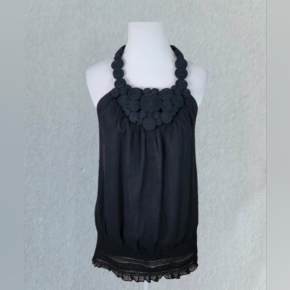 INC International Concepts Tops - INC Women's 100% Silk Black Halter Sleeveless Top With Chifon Size 14 NWT